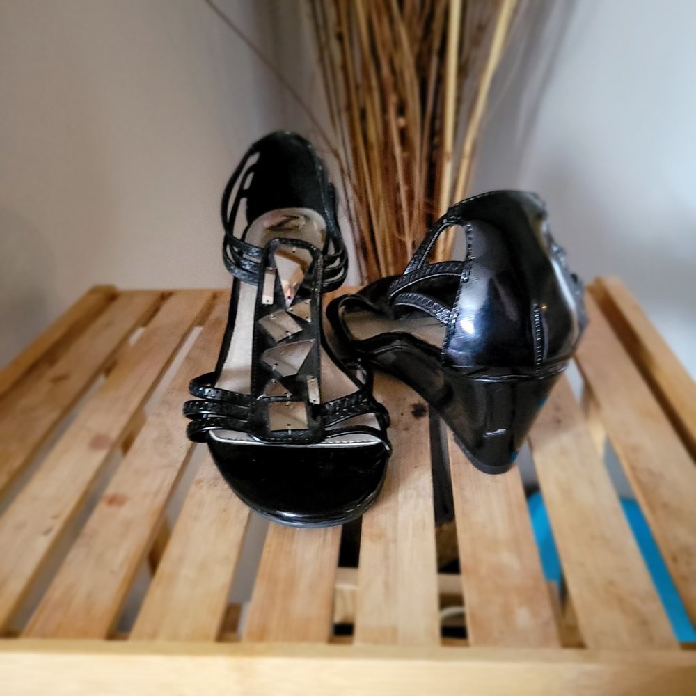 Black Patent Leather Wedge Sandals